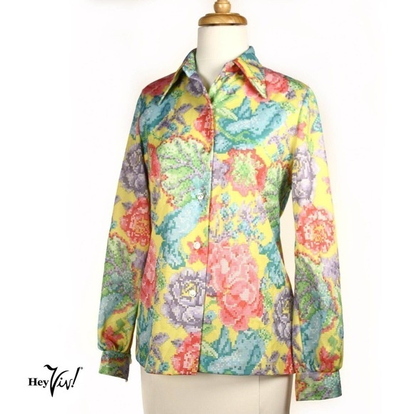 Vintage Tops - Vintage 70s Shirt Rainbow Colored Flower Long Sleeve Button Up Size 14 - Hey Viv